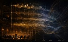 Abstract orchestral visualization of musical memory and interconnected themes unfolding across time