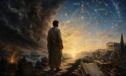 Ancient Greek philosopher standing between mythological darkness and luminous geometric order, symbolizing the transition from myth to reason and the search for meaning.