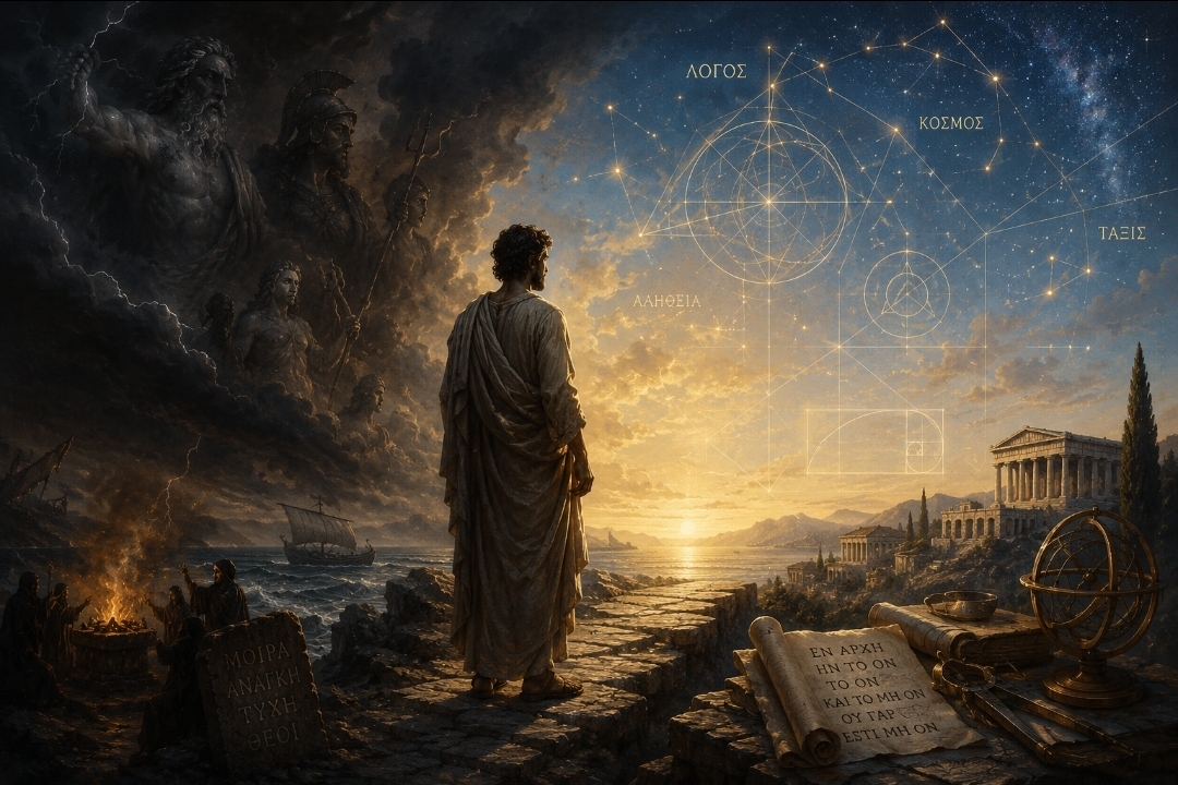 Ancient Greek philosopher standing between mythological darkness and luminous geometric order, symbolizing the transition from myth to reason and the search for meaning.