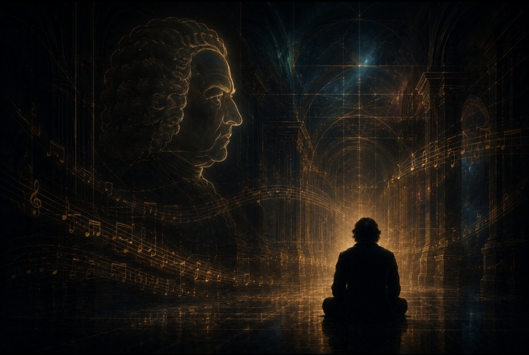 A solitary listener surrounded by luminous musical architecture and the subtle profile of Johann Sebastian Bach emerging from darkness and flowing musical lines.
