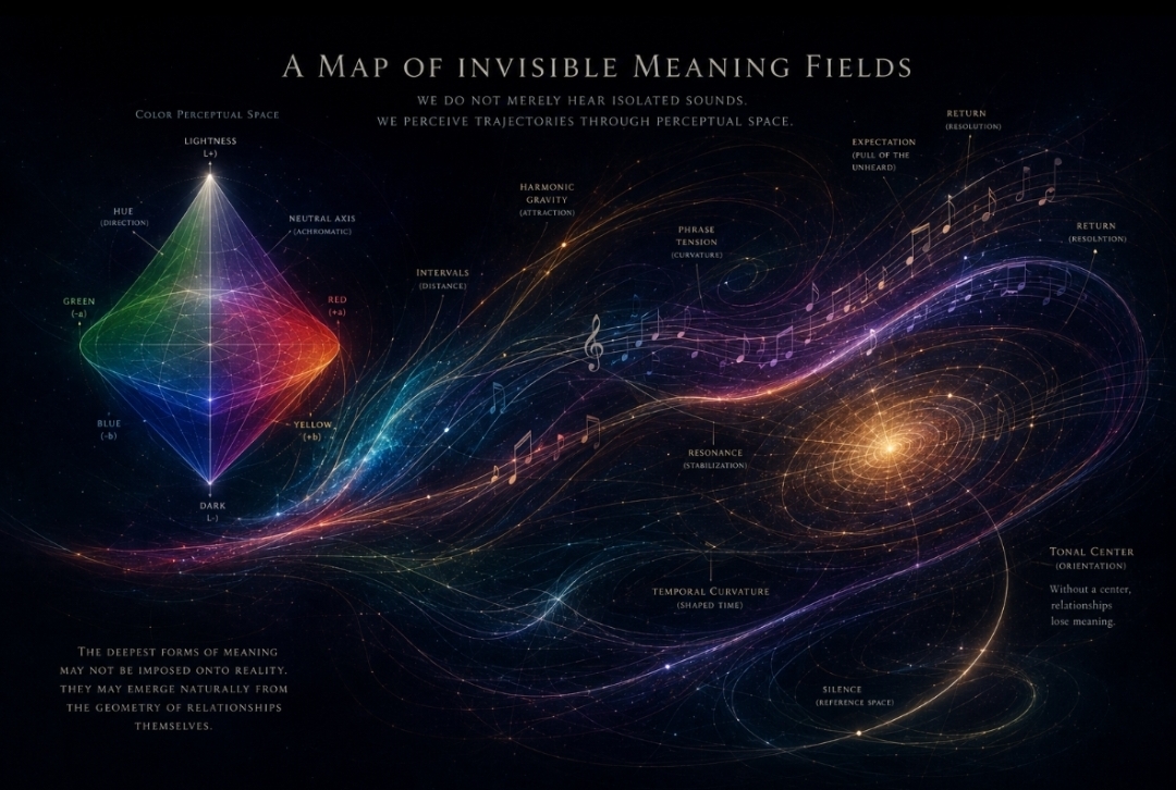 Abstract visualization of musical meaning fields with curved trajectories, tonal centers, color-space geometry, and luminous musical structures