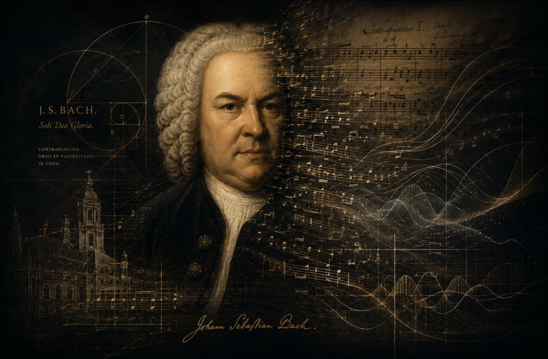 Johann Sebastian Bach emerging from musical structure, manuscript fragments, and geometric forms symbolizing the persistence of meaning in music