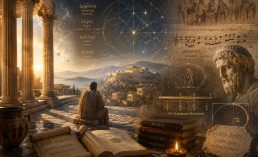 Symbolic illustration of Ancient Greece shaping Western thought through philosophy, music, mathematics, harmony, and aesthetics, featuring Greek architecture, geometric diagrams, and cosmic patterns.