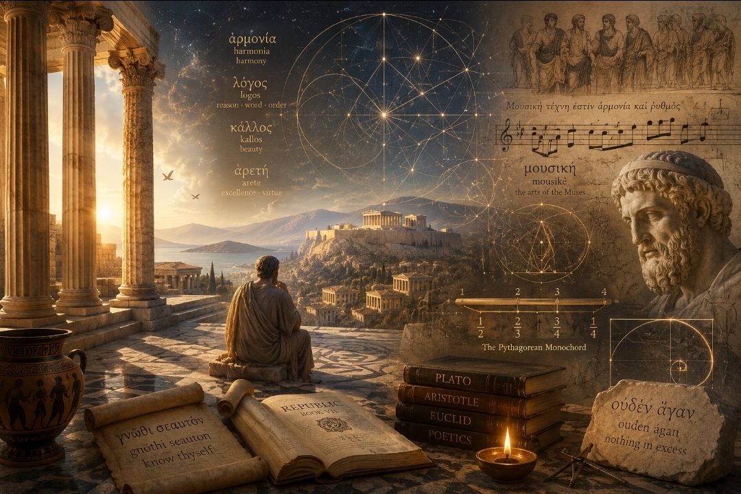 Symbolic illustration of Ancient Greece shaping Western thought through philosophy, music, mathematics, harmony, and aesthetics, featuring Greek architecture, geometric diagrams, and cosmic patterns.