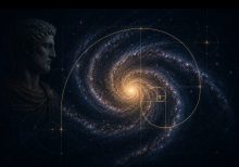 Golden ratio spiral overlay on a galaxy representing mathematical beauty and structure in music