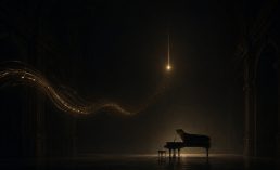 Dark concert space with suspended golden resonance symbolizing silence, tension, and musical meaning