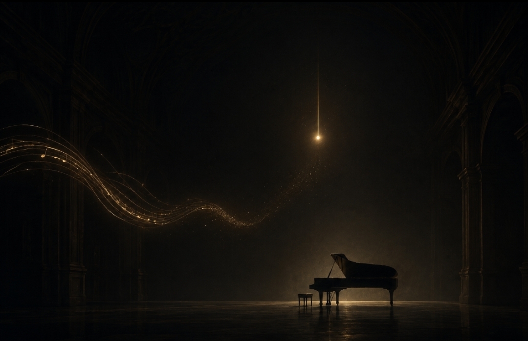 Dark concert space with suspended golden resonance symbolizing silence, tension, and musical meaning