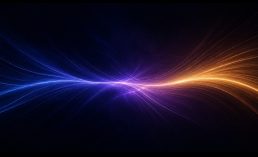 Abstract flowing blue, violet, and gold light waves converging through a luminous central structure on a dark background