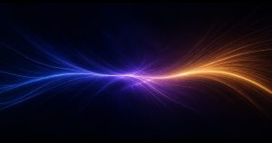 Abstract flowing blue, violet, and gold light waves converging through a luminous central structure on a dark background