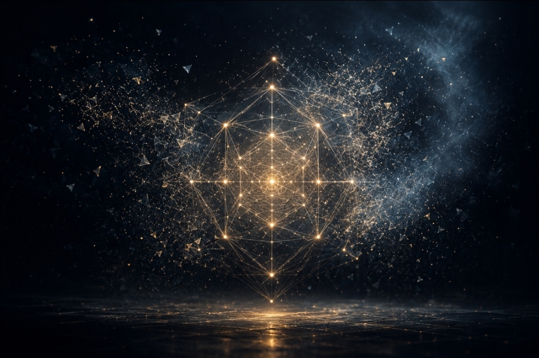 Glowing geometric structure resisting fragmentation in darkness, symbolizing coherence, memory, and the preservation of meaning across time.