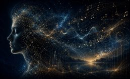 Abstract philosophical artwork showing a human face dissolving into musical structures, neural networks, and cosmic relational patterns symbolizing music, consciousness, memory, and the nature of meaning.