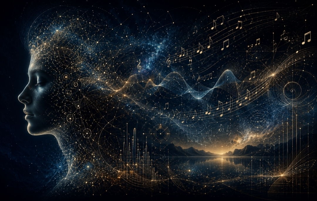 Abstract philosophical artwork showing a human face dissolving into musical structures, neural networks, and cosmic relational patterns symbolizing music, consciousness, memory, and the nature of meaning.