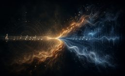 Abstract visualization of two musical interpretations diverging from the same structure through flowing asymmetrical patterns of sound and light.