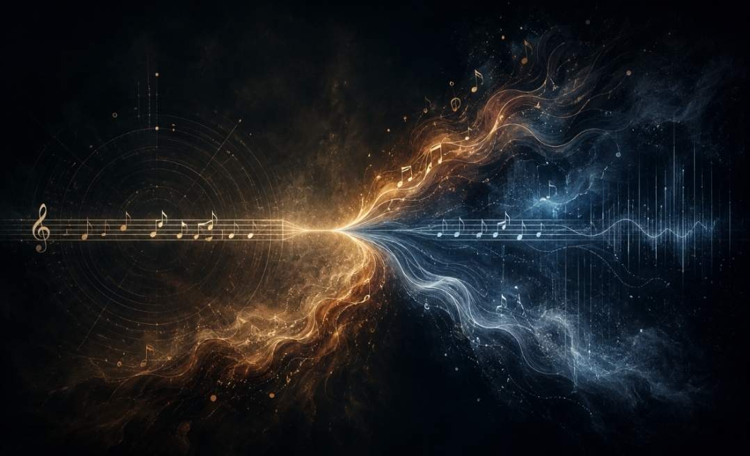 Abstract visualization of two musical interpretations diverging from the same structure through flowing asymmetrical patterns of sound and light.
