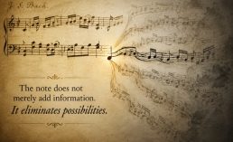 Artistic illustration of a Bach-inspired musical manuscript showing multiple possible melodic paths fading away from a single note, symbolizing how musical meaning emerges through the elimination of possibilities.