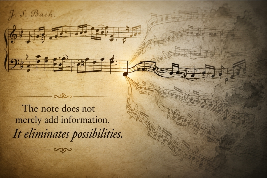 Artistic illustration of a Bach-inspired musical manuscript showing multiple possible melodic paths fading away from a single note, symbolizing how musical meaning emerges through the elimination of possibilities.